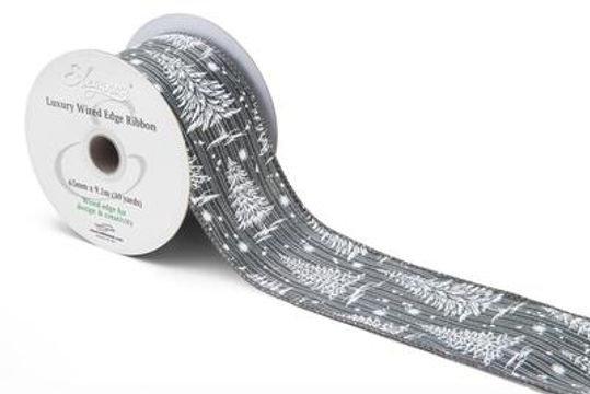 Eleganza Wired Edge Christmas Trees Silver 63mm x 9.1m No.490 - Christmas Ribbon